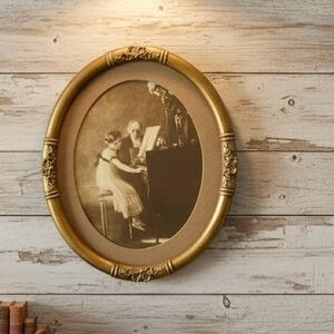 Rare Antique French Piano Lesson Print with Custom Hand Carved Wood Frame